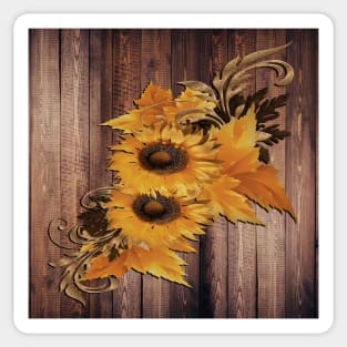 Sunflowers Rustic Floral on Wood Barn Look Background with Pattern Sunflower Sticker